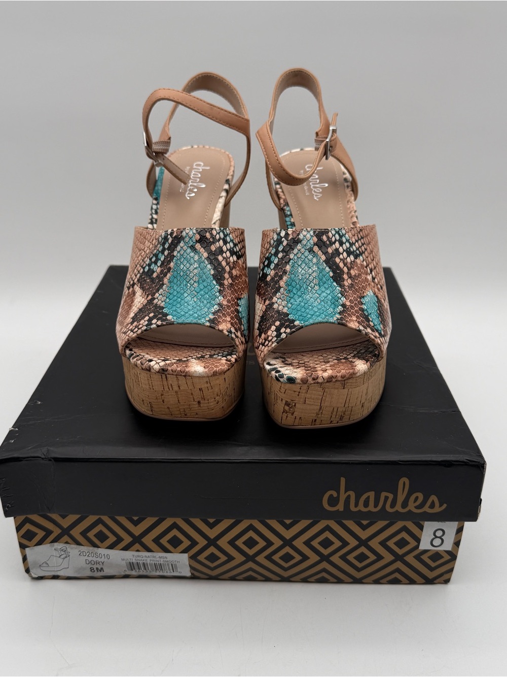 Women’s Turquoise Snake Platform Wedge Sandals Size 8 BNIB 4.5” Heel Summer